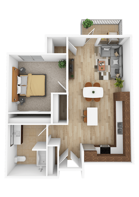 A top-down view of a small apartment with a bedroom, living room, and kitchen.